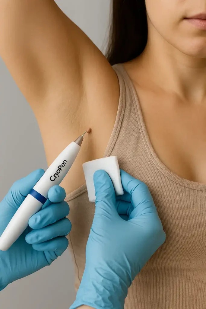 woman having cryopen to remove underarm skin tags Ruislip Common